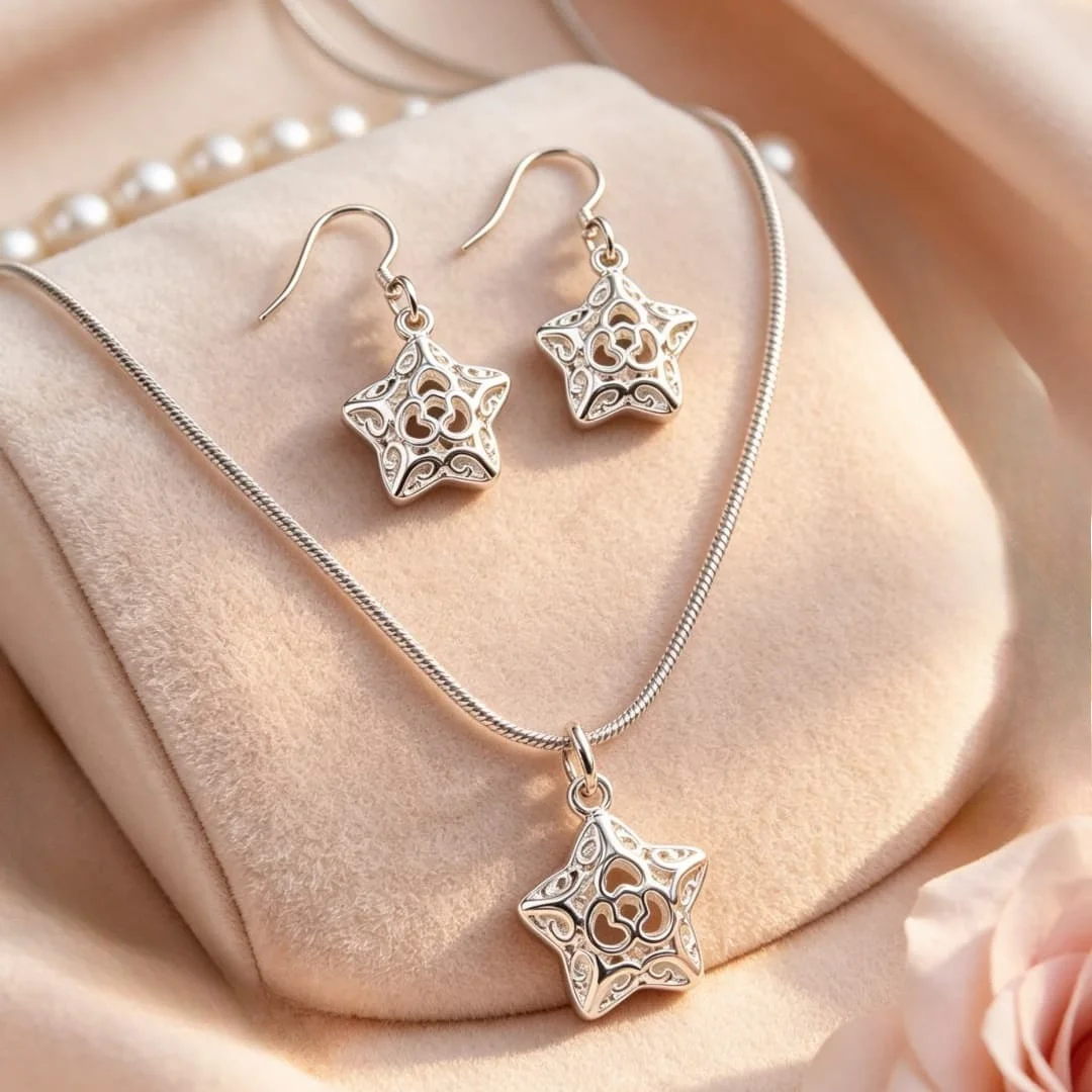 2pcs Set 925 Sterling Silver Classy Charms Star Necklace Earrings for Women Fashion Designer Wedding Jewelry Set