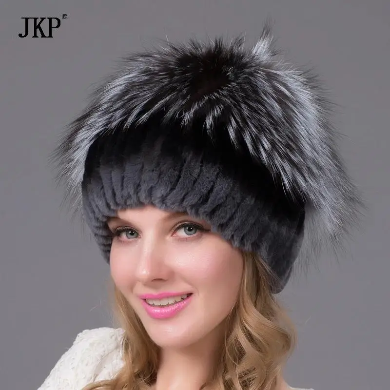 

JKP Winter Rex Rabbit Fur Hat For Women With Fox Fur Knitted Cap Beanies Fur Hat Send Gift Good Quality THY-27