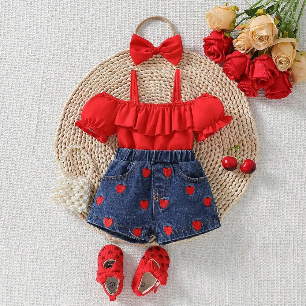 2026 New Baby Girls One Shoulder Ruffle Strap Top  Love Embroidered Denim Shorts Set with Headscarf for 6M-3Y