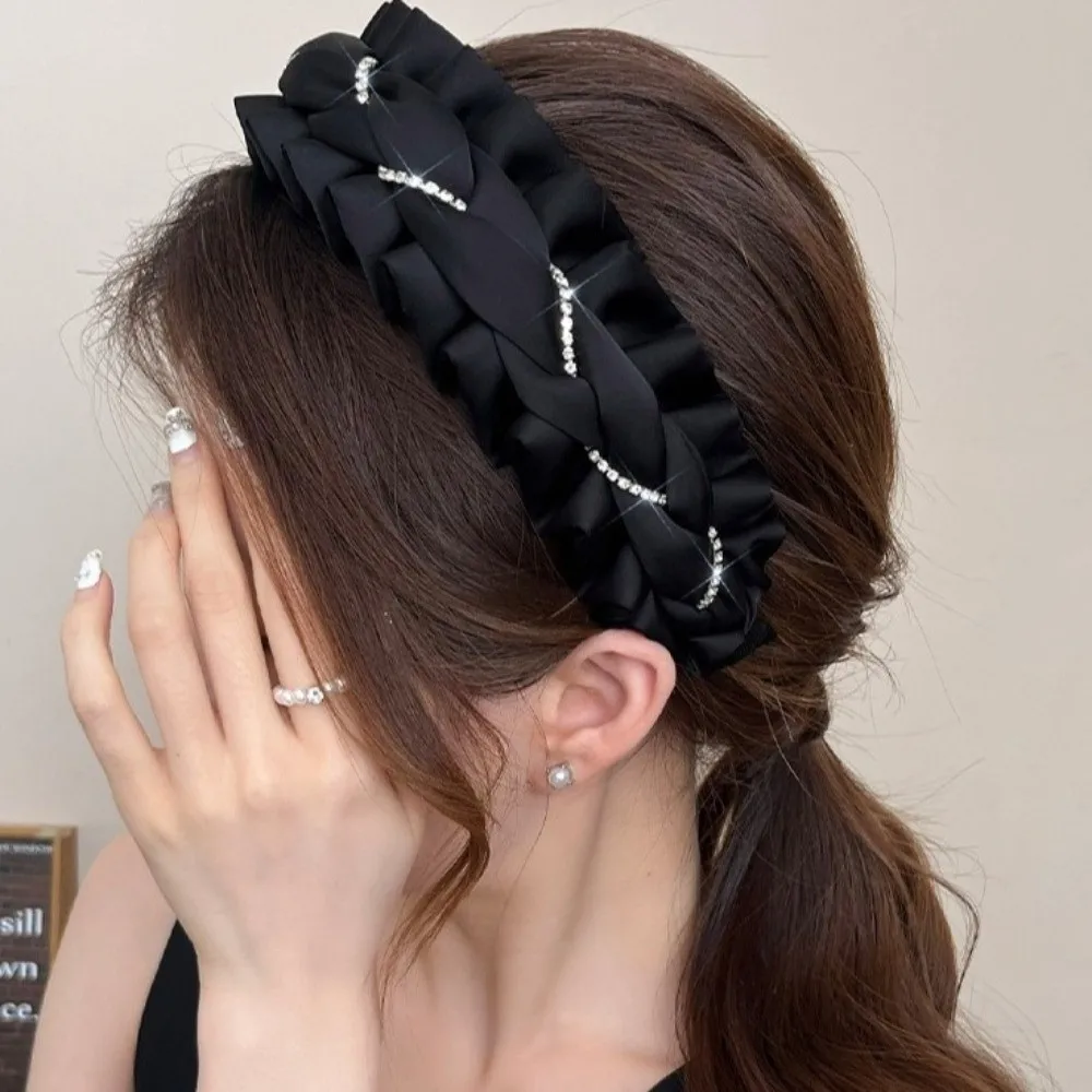

Temperament Cloth Black Hairband Rhinestone Wide Women Hair Hoop Flower Thickened Wrinkle Headband Wash Face