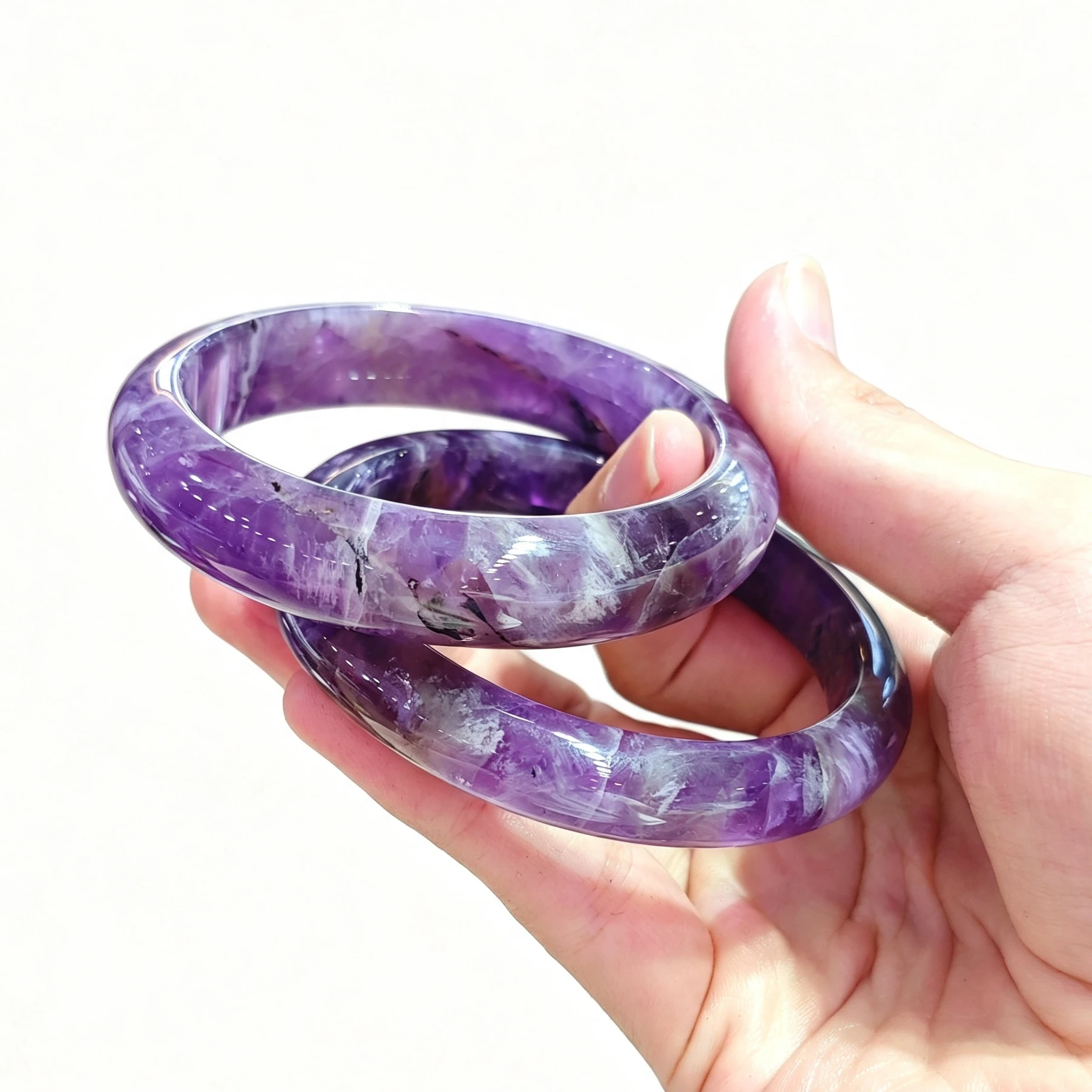 Natural Deep Purple Dream Amethyst Bangle White Feather Pattern Gemstone Bangle Smooth Quartz Crystal Wristband Jewelry