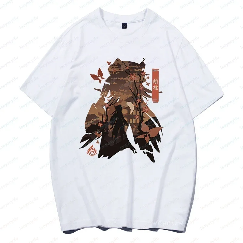Genshin Impact Hu Tao Tshirts Game Fans Japanese Styles Unisex Clothes Black White Tee Streetwear Summer Short Sleeve Tshirt