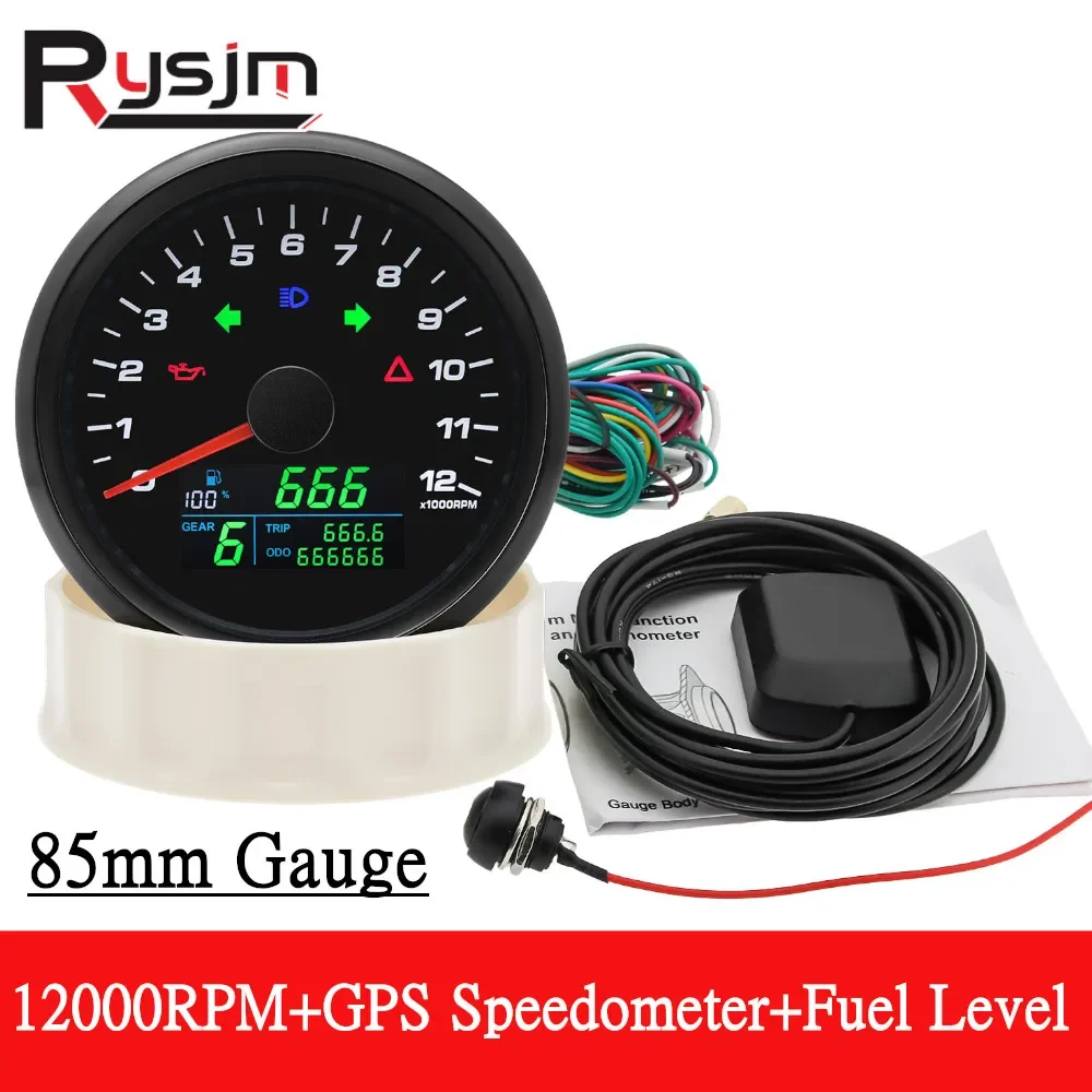 

HD 85mm GPS Speedometer 0-299km/h MPH Gauge with Tachometer 12000RPM Fuel Level Gauge Voltmeter 12V 24V for RV Tuack motorcycle