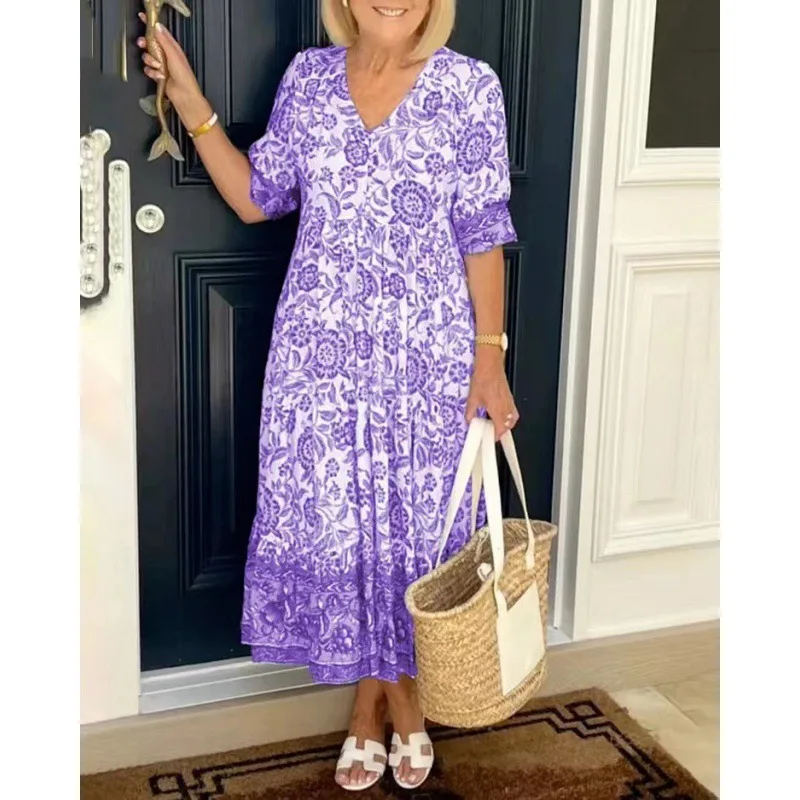 Vacanza al mare Vacanza Stampa floreale Abito longuette Donna Scollo a V Mezza manica Donna Boho Vacanza Casual Abiti lunghi midi Abiti