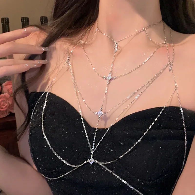 

Luxury Square Crystal Chest Chain for Women Multilayer Silver Color Metal Beads Zircon Body Chain Sexy Beach Bikini Jewelry Gift