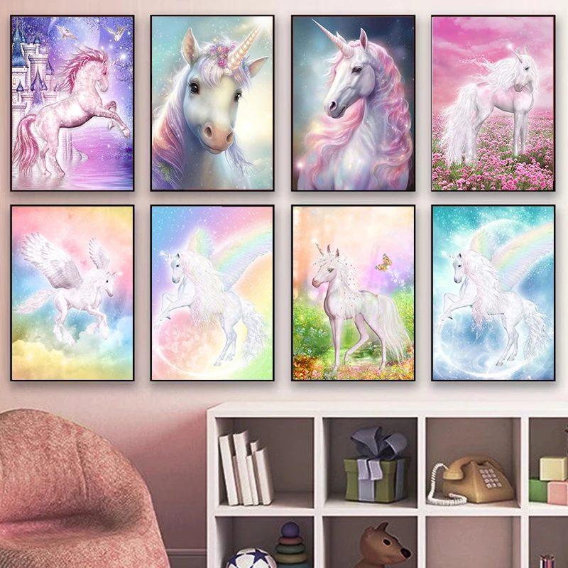 Cartoon Magic Unicorn Dreams Rainbow Nordic Poster Wall Art Canvas Painting Wall Pictures For Living Room Home Decor Unframed