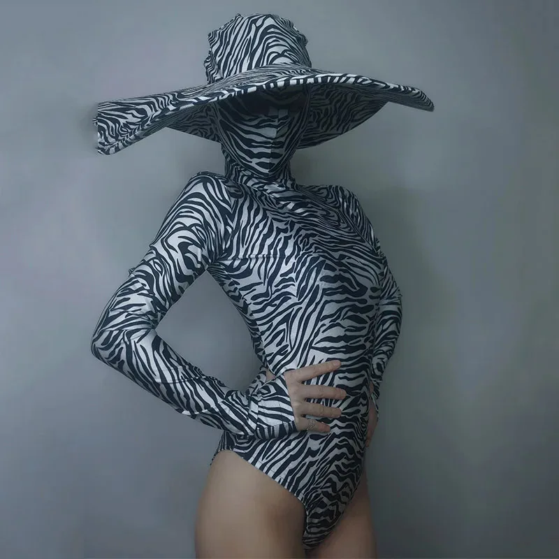 Sexy Gogo Costume Women Green Black Zebra Stripes Bodysuit Nightclub Dj Ds Performance Leotard Dancer Rave Clothes Outfit DT962