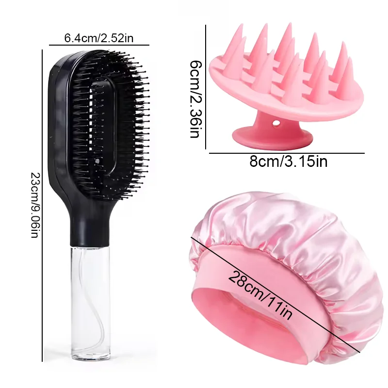 3pcs/set Hair Spray Comb with Sleeping Cap Refillable Bottle with Hairbrush Shampoo Brush Satin Bonnet Hair Styling Tools