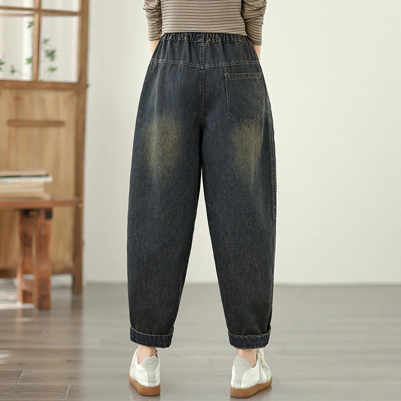 بالإضافة إلى حجم المرأة فضفاضة تناسب عارضة الحريم الجينز المتعثرة الأبيض Waed السراويل الطويلة مريحة مرونة الخصر سراويل جينز #4