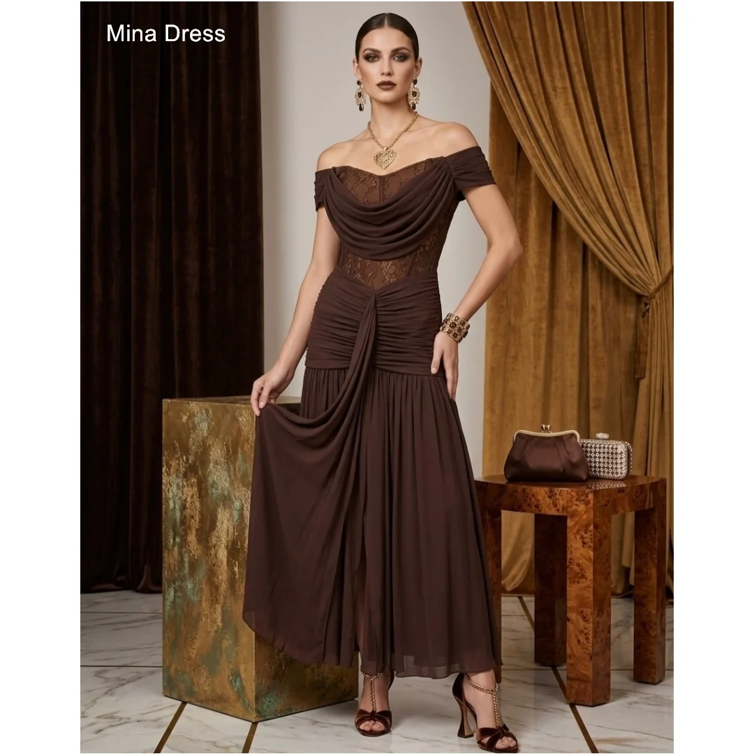 Vestido Elegante y Chic de Encaje Plisado con un Hombro Descubierto, Color Marrón, Personalizado por Mina, Vestidos de Noche y de Boda, Estilo Elie Saab