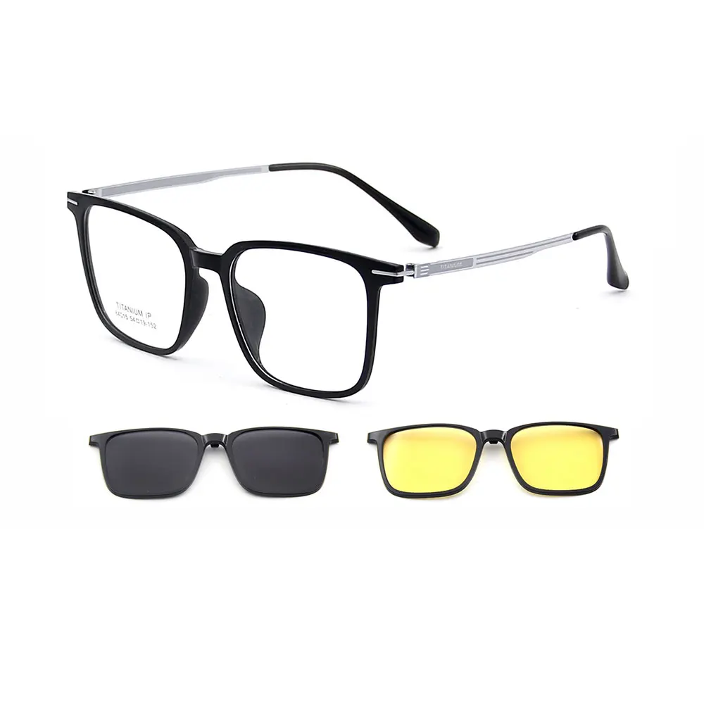 Square Ultralight TR90 Men's 3-in-1 Polarized Clip-On Sunglasses with Night Vision & Titanium Legs Durable Glasses Frames 84015