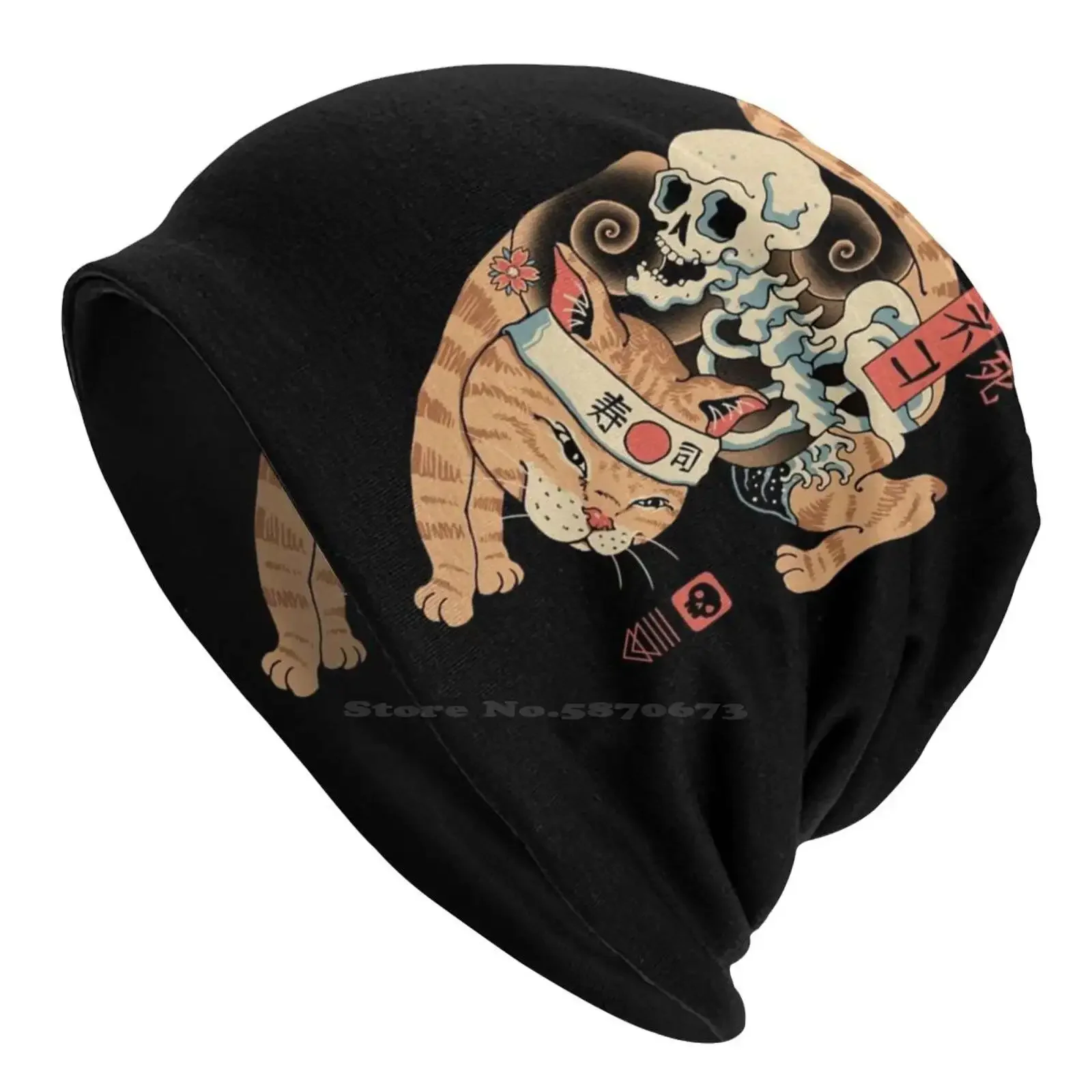 Catana Of Death Knitted Hat Warm Beanie Outdoor Caps Cats Catana Gashado Kuro Animals Skulls Death Yokai Tattoo Japanese Art