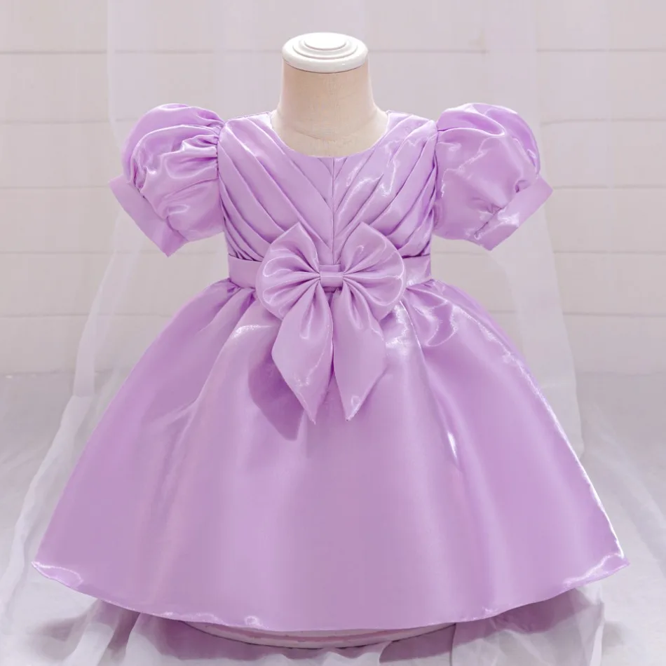 Fold Bow Baby Girls Party Dress Puff Sleeve Purple 1st Birthday Wedding Princess Dresses for Kids Baptism Bridemaid Prom Costume