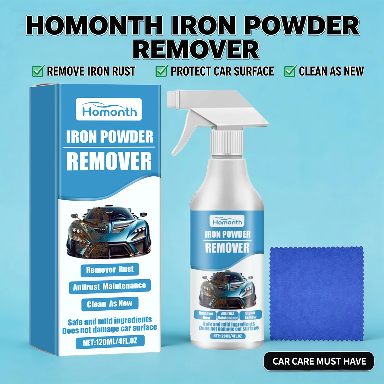 Iron Powder Remover for Car Exhaust Pipe Rust Removal Spray Cleaning Metal Iron Powder Multi-use Car Rust Remover Spray