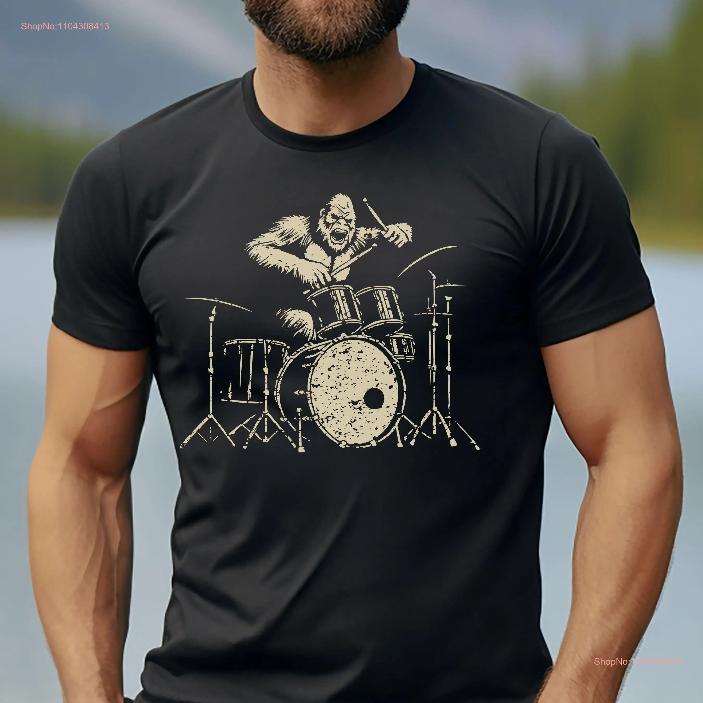 Sasquatch Playing Drums T Shirt Bigfoot Drummer Funny Cryptid Music Novelty for Musicians Festival Wear