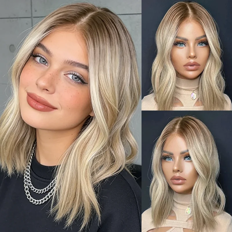 

Golden ASh Blonde with Natural Brown Roots Lace Front Wig 13x4 Synthetic Futura Top Grade Short Shoulder Bob wigs for Women Lady