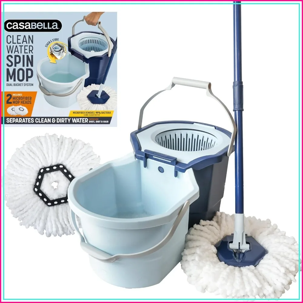 

Spin Mop System with Extra Mop Head Refill - Two-Bucket Design with Splash Guard, Measuring Cup & Scraper Tool, Easy Wring Pedal Spinner, 1.25-Gallon, Blue