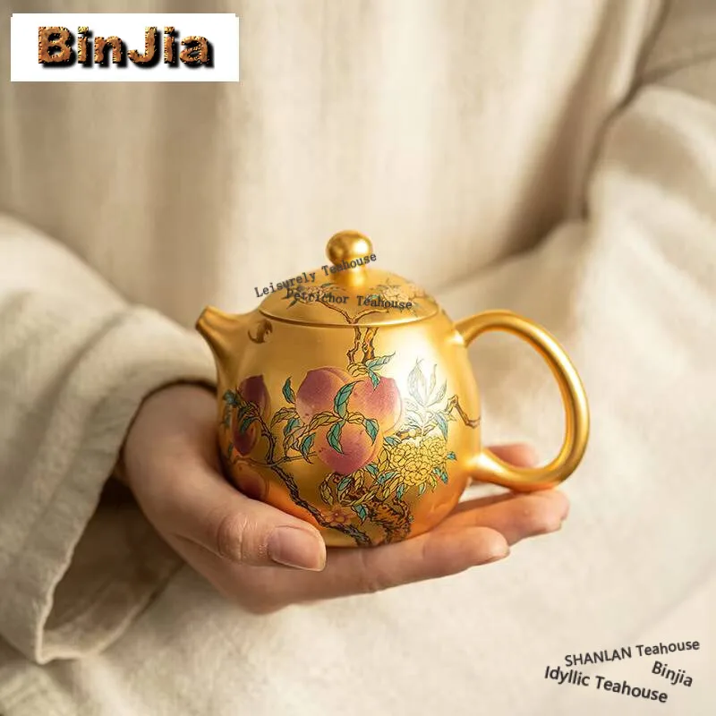 180ml Dehua Nine Peaches Gold Tea Pot Zen Gilding Tea Pot With Filter Elegant Pot Tea Soaking Kettle Chinese Tea Set Ornaments