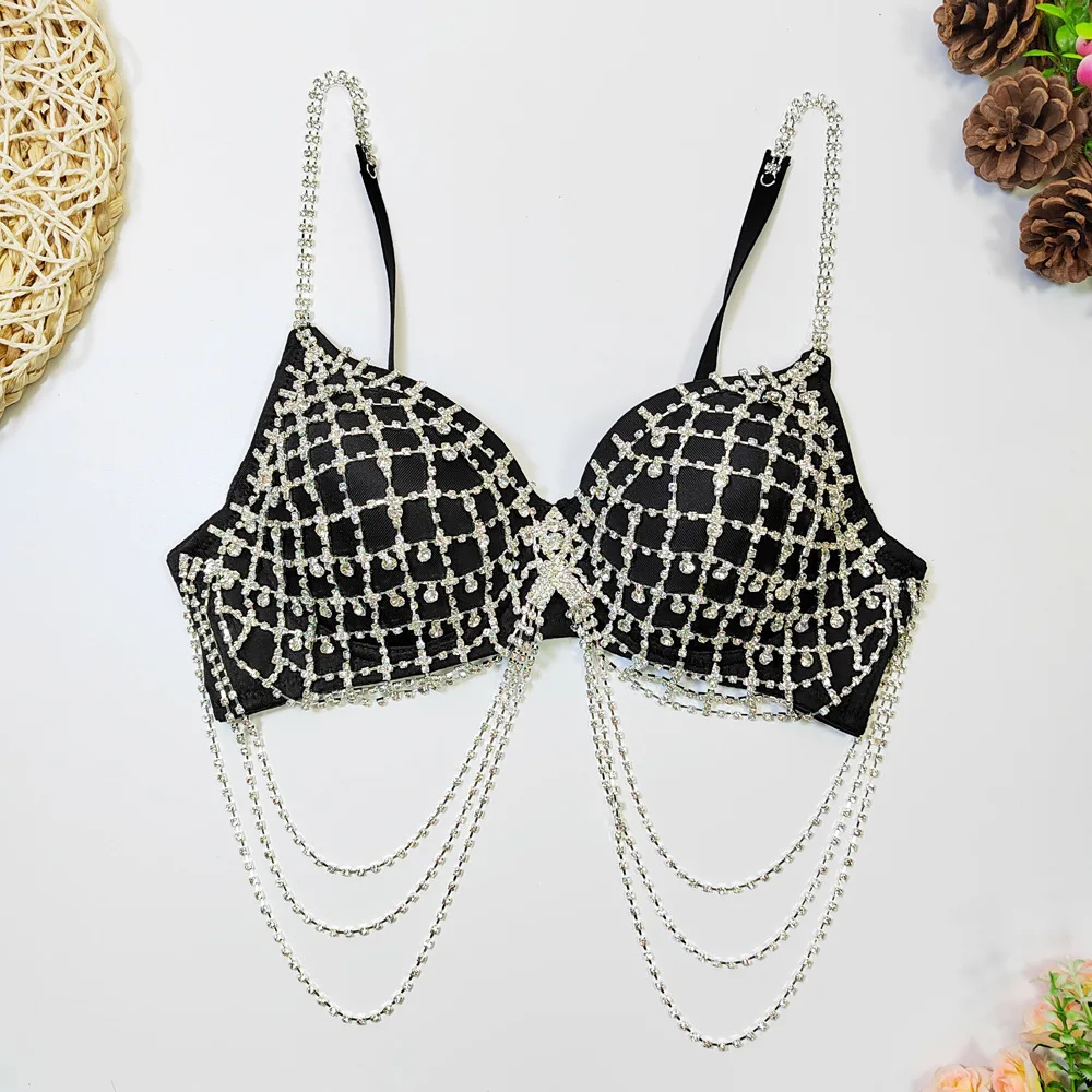 European and American Sexy Rhinestone Chain Tassel Bra with Ultra Short Backless Studded Beads Wrapped Around The Chest