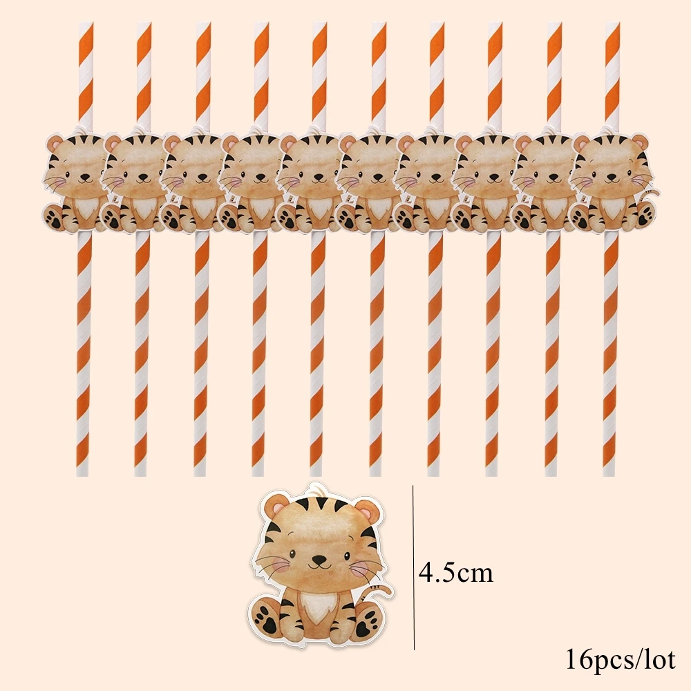 16 Stuks Karton Wild Dier Rietjes Eco Papier Rietjes Voor Kinderen Baby Douche Jungle Safari Gelukkige Verjaardag Feestdecoraties
