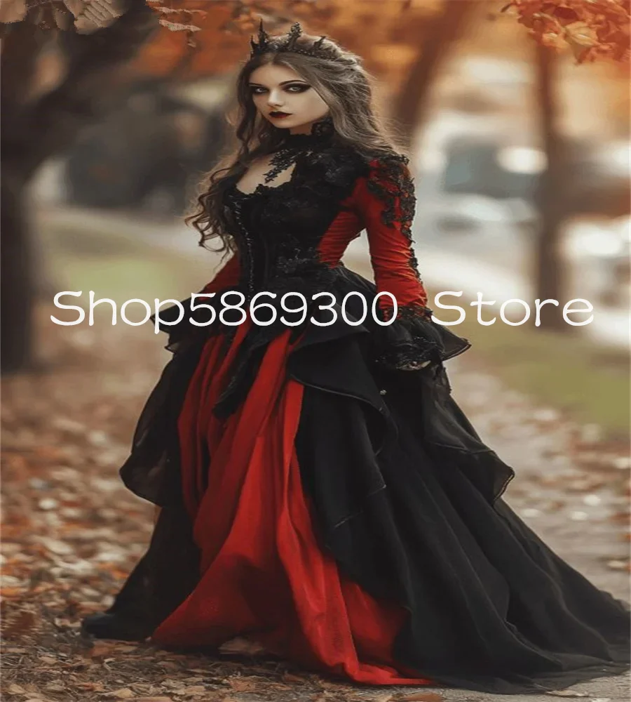 

Victorian Black Red Prom Dresses Gothic Medieval Renaissance Long Sleeve corset Evening Dress halloween Customized