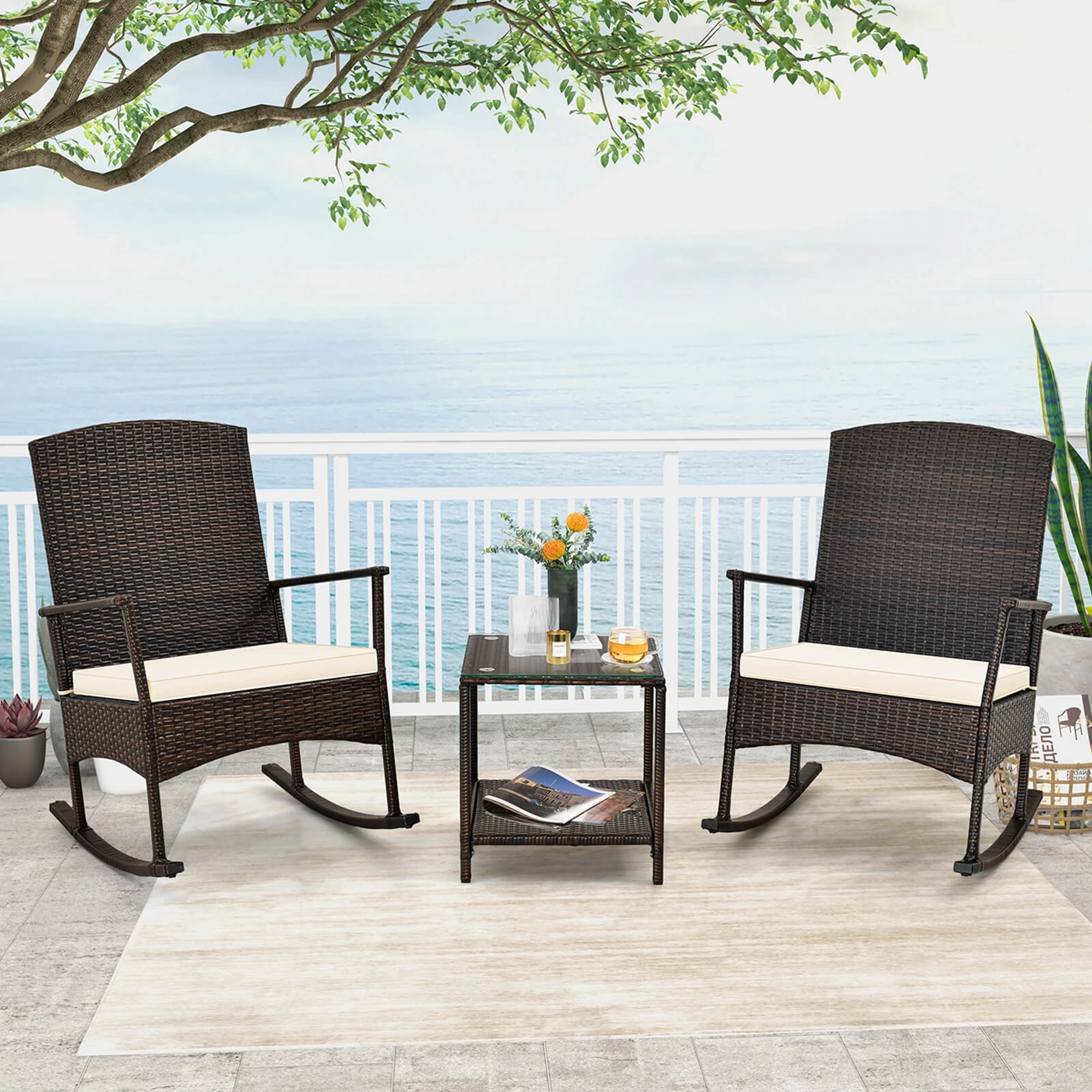 3 Piece Patio Rocking Set Wicker Rocking Chairs with 2-Tier Coffee Table Off White