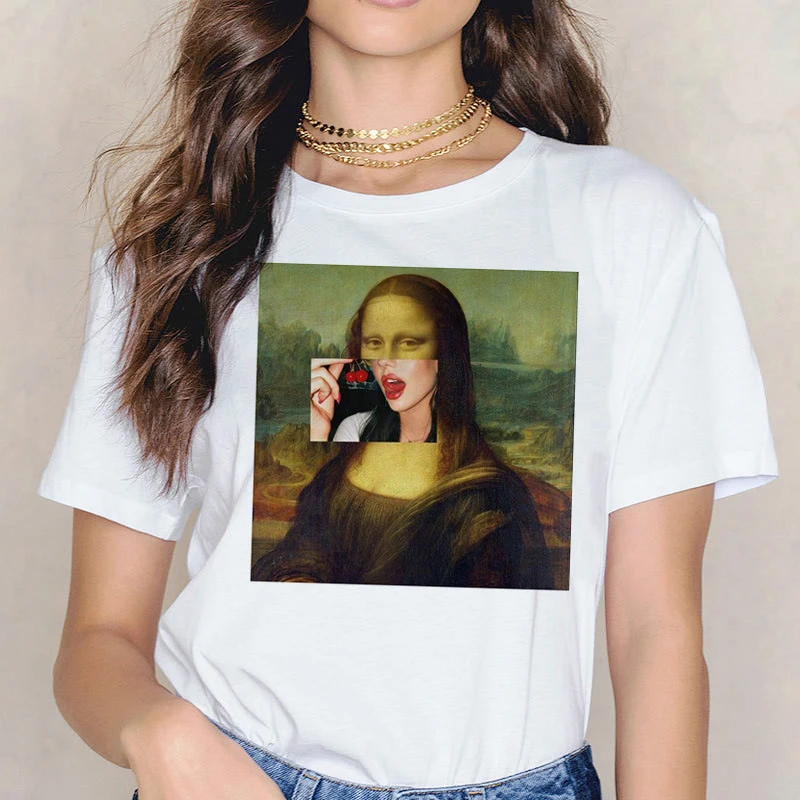 Mona Lisa Drinking Beverages Printed Tshirt Summer Breathable Casual T Short Sleeves Streetwear T-shirt Fashion Women Clothes