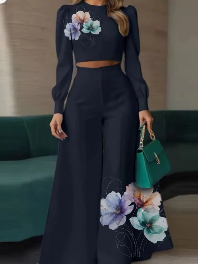 

Yeezzi женские комплекты из 2 предметов с цветочным принтом и длинными рукавами, белые укороченные топы и широкие брюки с высокой талией, костюмы, элегантная вечерняя одежда