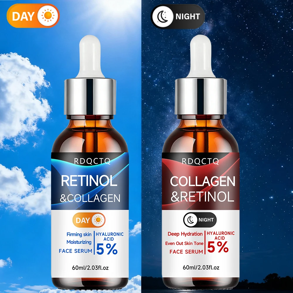 Sérum reparador día noche con retinol y colágeno, paquete de 2 | Fórmula 5% de Retinol con Ácido Hialurónico | Esencia facial reafirmante e hidratante