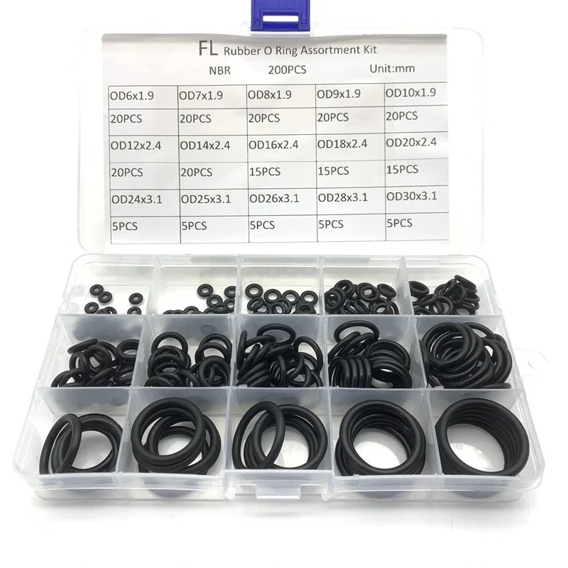 200 Pcs NBR O Ring Kit CS1.9/2.4/3.1mm Oilproof Waterproof abrasion resistance Seal For Car Plumbing Repair Plastic Storage Box