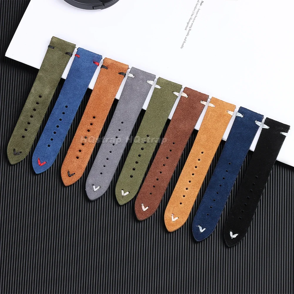 Suede Leather Watch Band 18mm 20mm 22mm Quick Release Wristband Vintage Stitching Soft Strap Brown Grey Replacement Bracelet