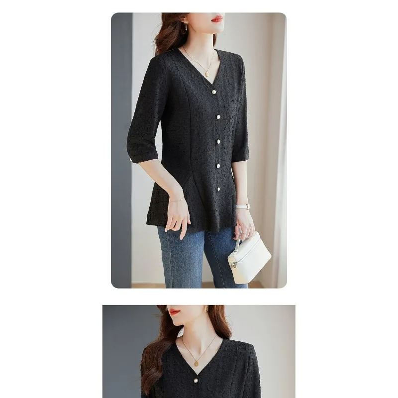 Nuevo Top de encaje de manga tres cuartos, Top adelgazante holgado y elegante a la moda de talla grande para mujer