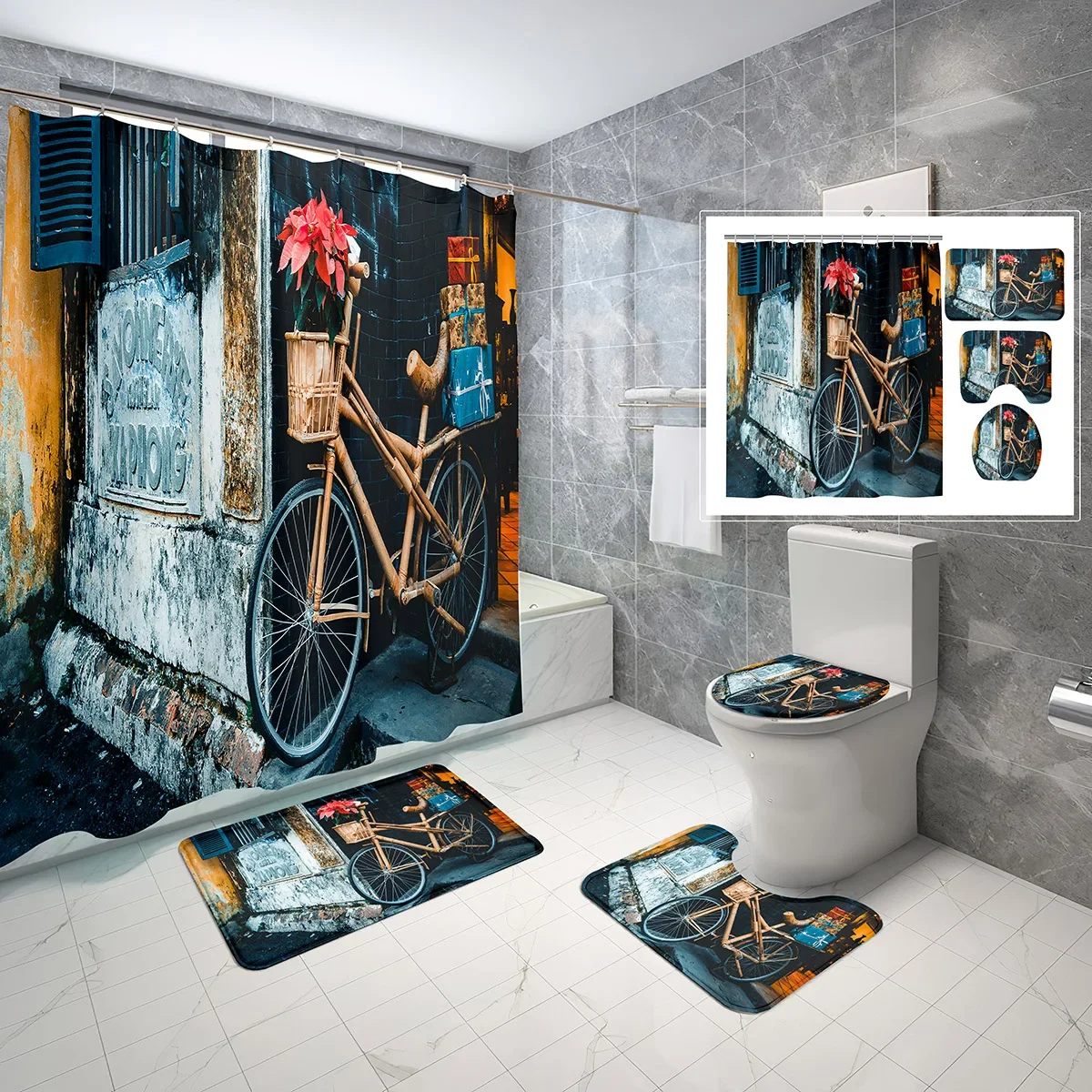 4 قطع خمر دراجة دش الستار مجموعة النباتات الخضراء الكلاسيكية الدراجة عدم الانزلاق حمام حصيرة غطاء المرحاض دش مقاوم للماء الستار مجموعات #3