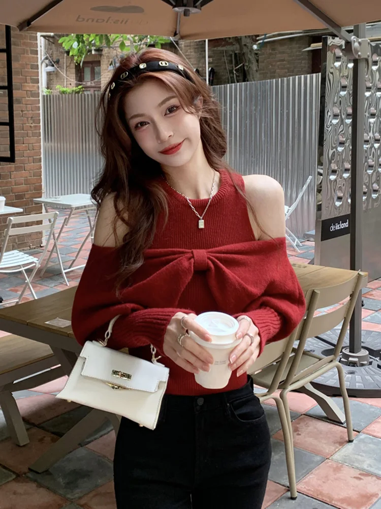 Women\'s Red Pullover Knitted Sweater Elegant Harajuku Y2k Long Sleeves Slim Knit Sweaters Jumper Vintage 2000s Clothes 2024