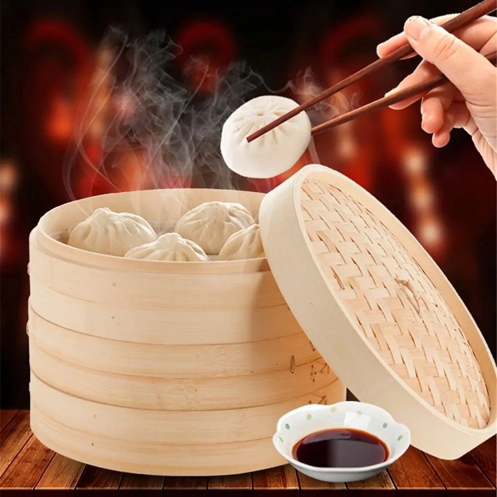 Chinese Dumplings Bamboo Steamer Cooker 10/15/20cm with Lid Dimsum