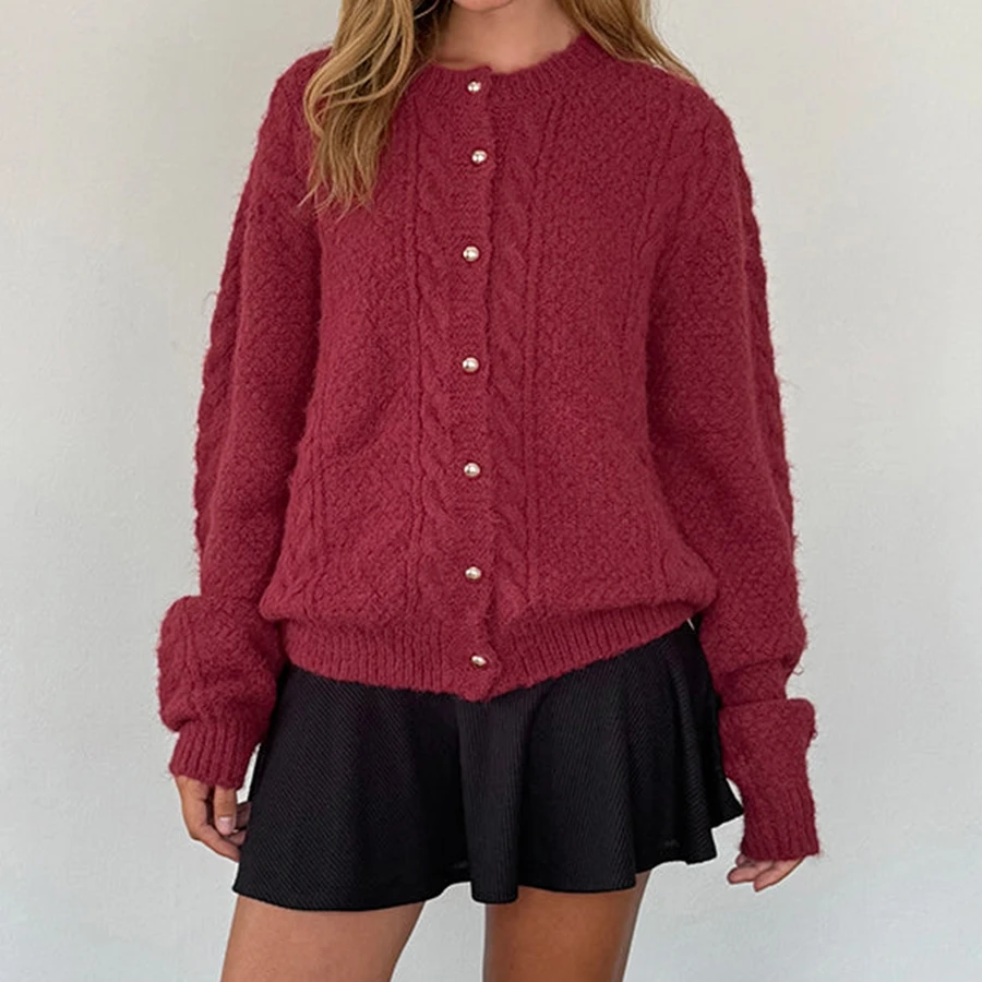 Cárdigan de punto de manga larga de Color sólido a la moda informal para mujer, cárdigans ligeros con botones y cuello redondo