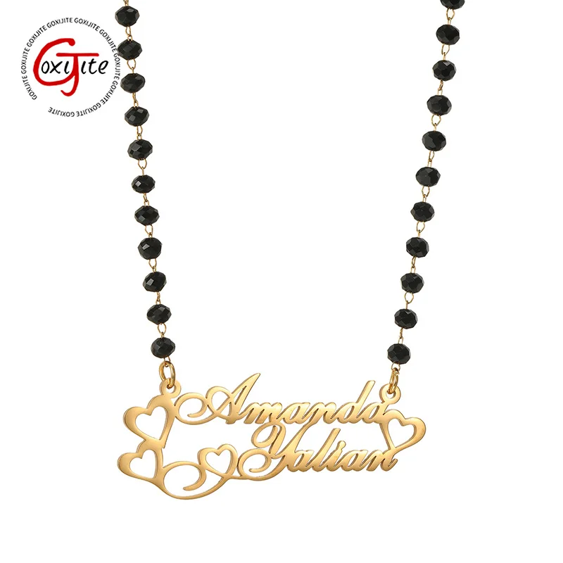Goxijite Custom Name Love Heart Necklace Stainless Steel Personalized Handmade Black Bead Chain Nameplate Collar Jewelry Gift