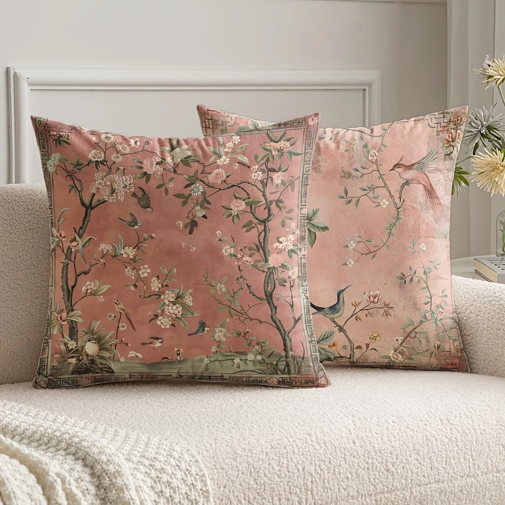 2pcs Vintage Chinoiserie Floral Bird Throw Pillow Covers Decorative Square Cushion Cases for Sofa Bedroom Living Room