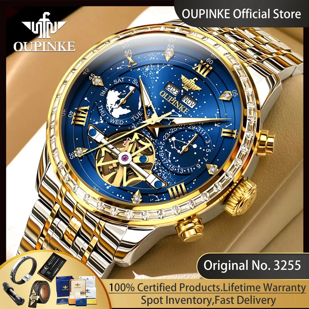 OUPINKE 3255 Automatic Watches for Men Original Skeleton Flywheel Mechanical Man Watch Luxury Diamond Bezel Calendar Wristwatch