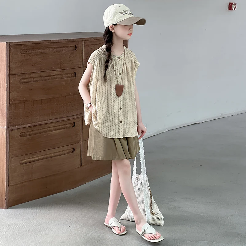 Children Outfits Fashion New Summer 6-16 Years Girls Blouse Shirt+Shorts 2 Pcs Sets Solid Color Teenager Students Casual Suits