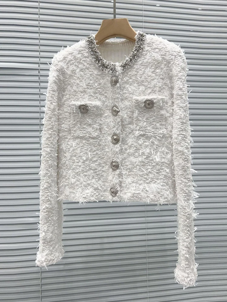 Elegant round Neck Open Cardigan Top with Heavy Drill Decoration And Gold Button High-End Version Short Outerwear for Women