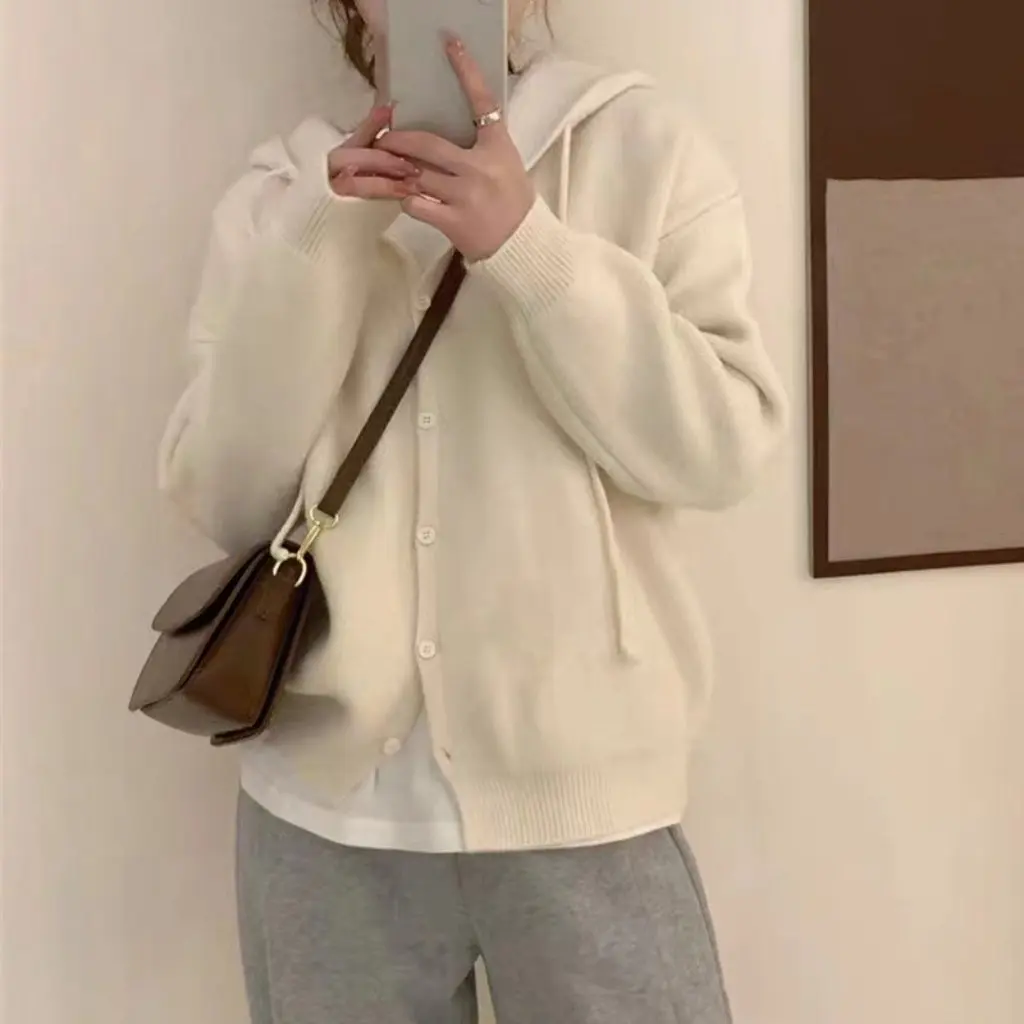 

Women's Soft Waxy Pure Color Hooded Cardigan Jacket Korean Style Loose Casual Knitted Sweater Top for Spring Fall