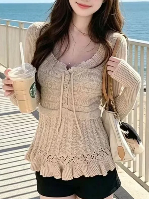 Elegant Hollow out Long Sleeve Knitted Top Women's Autumn Slimming Short Base Shirt Soft Style Fashionable Waist Cinched