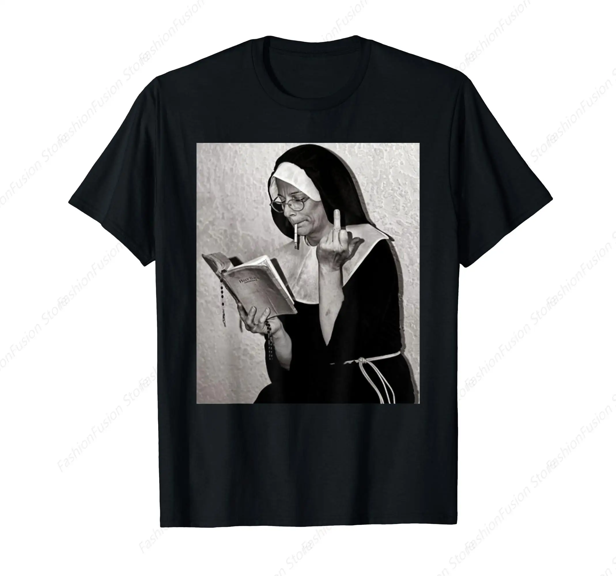 Nun Middle Finger Attitude Tshirt Novelty Funny Nun Unholy T-Shirt Cotton O-Neck Short Sleeves Fashion Mens Clothing for Casual