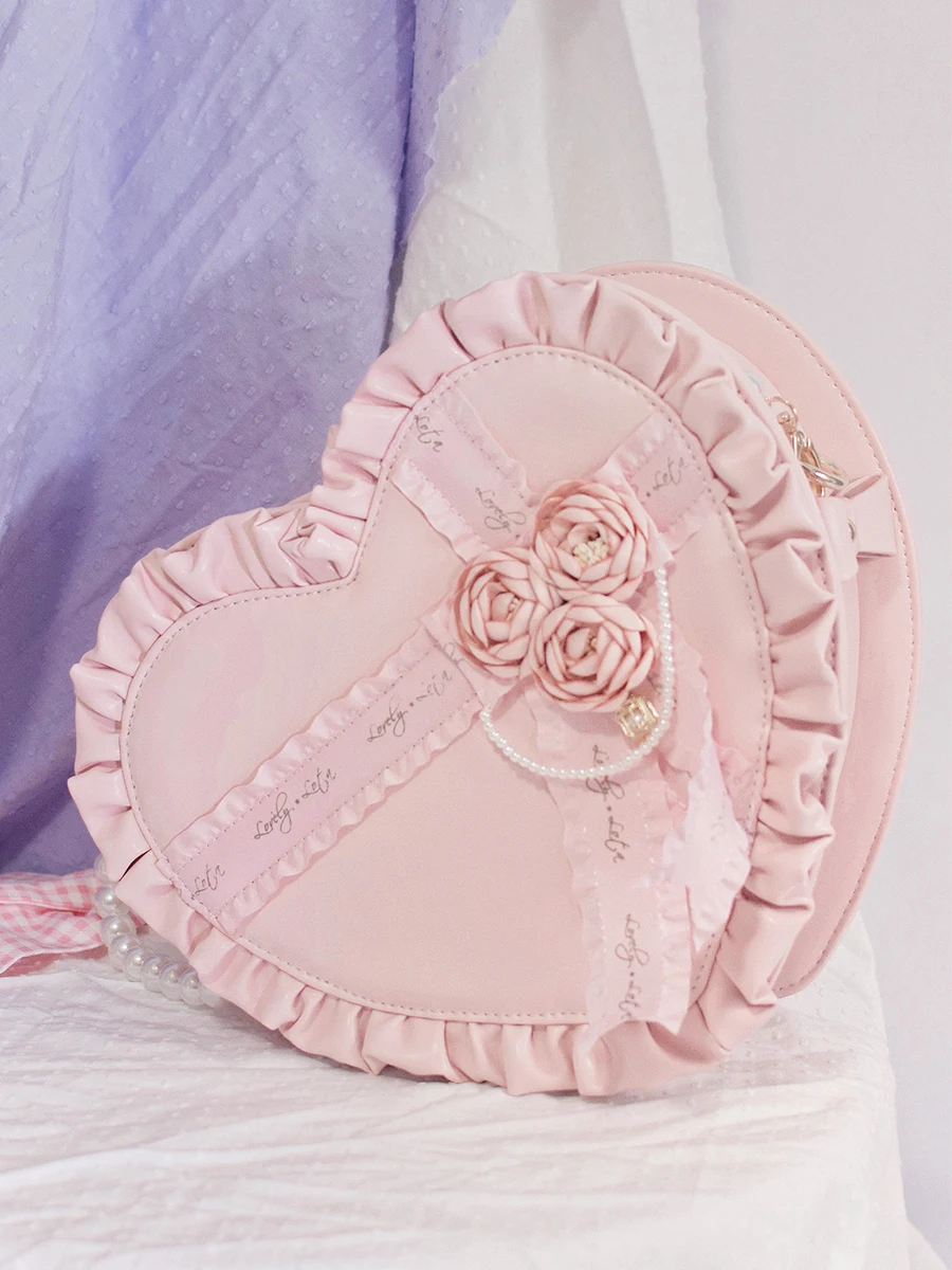 

Lolita Heart-shaped Rose Handbag for Women Cute Lace Flower Decor Soft Shoulder Crossbody Bag White Pearl Chain Daily Match