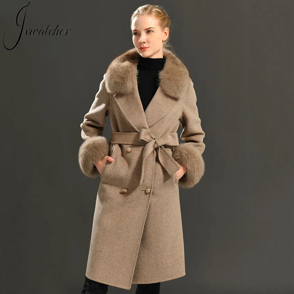 Women\'s Cashmere Wool Coat Spring Real Fox Fur Collar Woolen Trench Jacket Winter Adjustable Waist Slim Ladies Long Overcoat