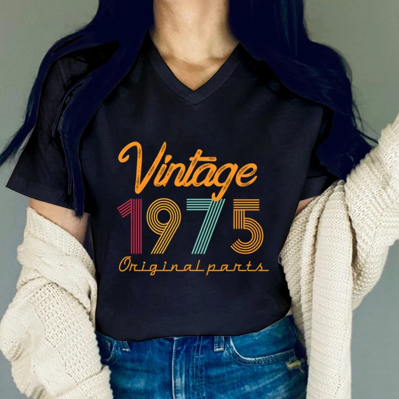 Women's Birthday Gift T-shirt Vintage 1975 Original Parts Classic Graphic Retro Tshirt 49 Years Old V-neck Short Sleeve T-shirt