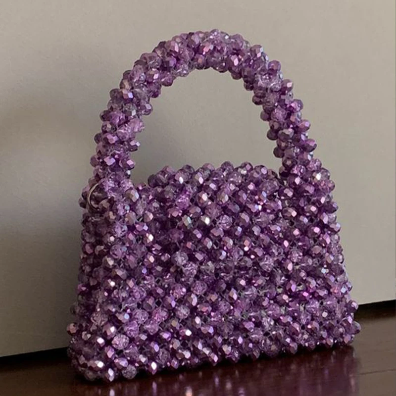 

Customizable Wholesale Handmade Purple Crystal Bead Handbags Portable Gifts Designer Purses Top-Handle Celebrity Women Fashion