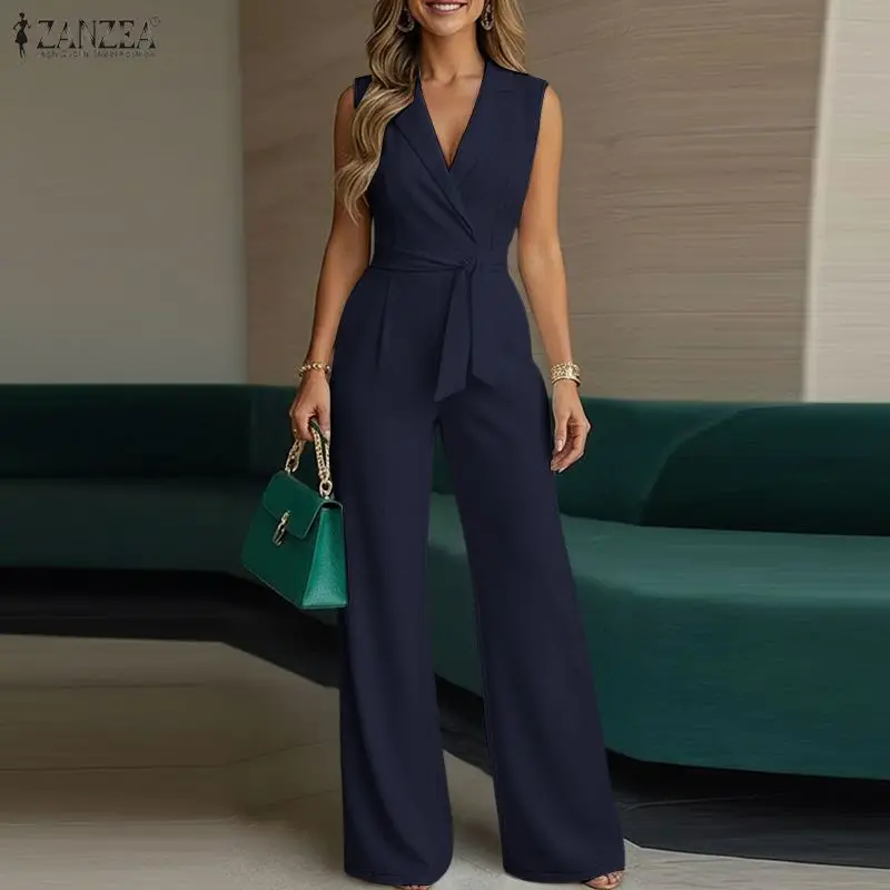 Fashion Women Lapel Neck Sleeveless Jumpsuits ZANZEA 2026 Summer Rompers Elegant OL Work Wide Leg Overalls Trousers Playsuit