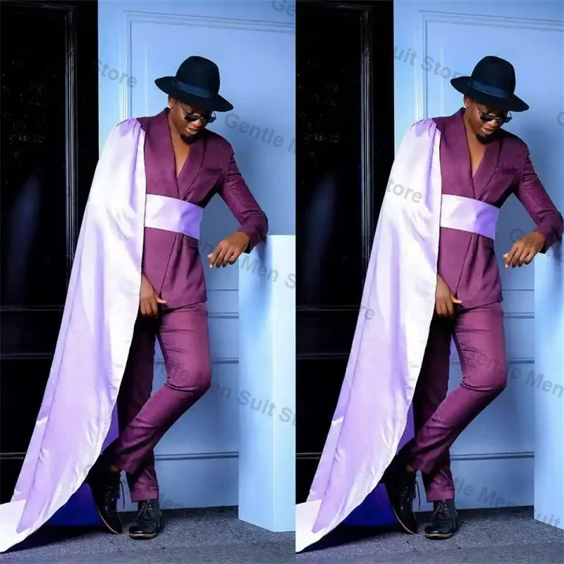 Purple Cape Men Suits Pant 2 Piece Blazer With Long Wrap+Trouser Prom Wedding Tuxedo Male Coat Customized Formal Office Jacket